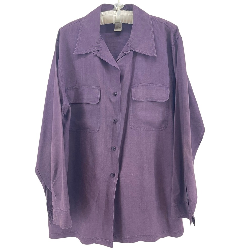 Vintage Silk Button Down Shirt Womens M Purple Soft Blouse Relaxed‎ Flowy Top